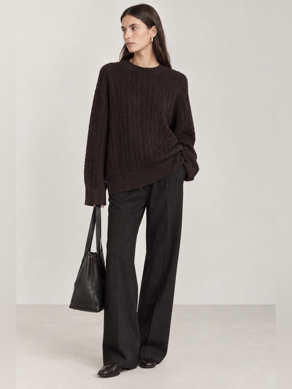 Soft Goat Medium Brown Cable Knit Cashmere Sweater Relaxed Oversized fit